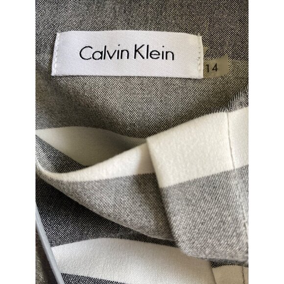 Calvin Klein Striped Belted Sheath Dress Gray White Empire Waist Women's Size 14 - Picture 9 of 10